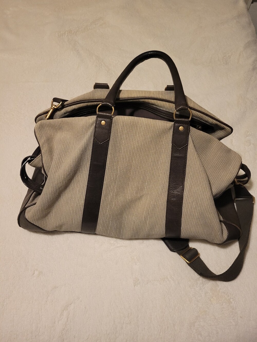Lanvin Men's Canvas Weekender Bag in Grey with Dark Brown leather strap